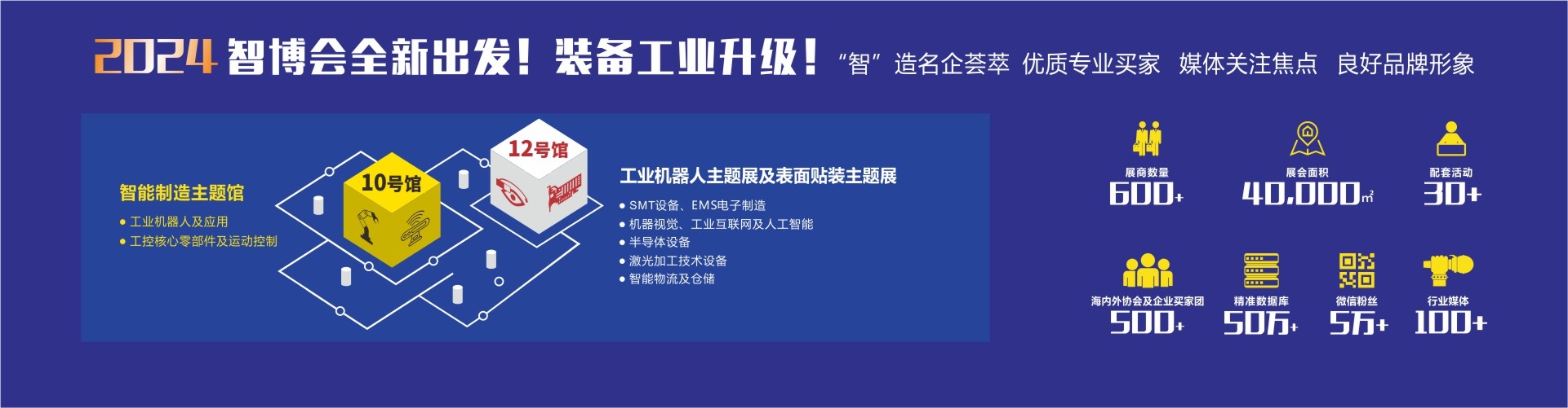 10號(hào)館智能制造主題館(工業(yè)機(jī)器人及應(yīng)用、 工控核心零部件及運(yùn)動(dòng)控制)、12號(hào)館工業(yè)機(jī)器人主題展及表面貼裝主題展（SMT設(shè)備、EMS電子制造。機(jī)器視覺、工業(yè)互聯(lián)網(wǎng)及人工智能。半導(dǎo)體設(shè)備。激光加工技術(shù)設(shè)備。智能物流及倉(cāng)儲(chǔ)）
